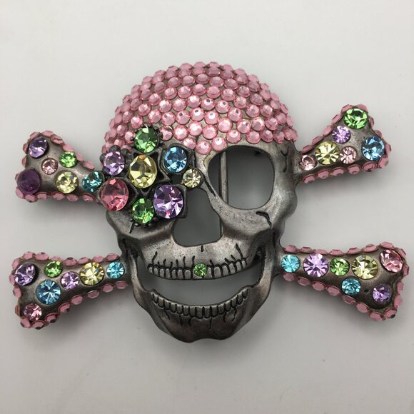 Skull Pin Brooch Rhinestones Pink Pirate Halloween Goth Sparkle Large 4” X 3” - Picture 4 of 15